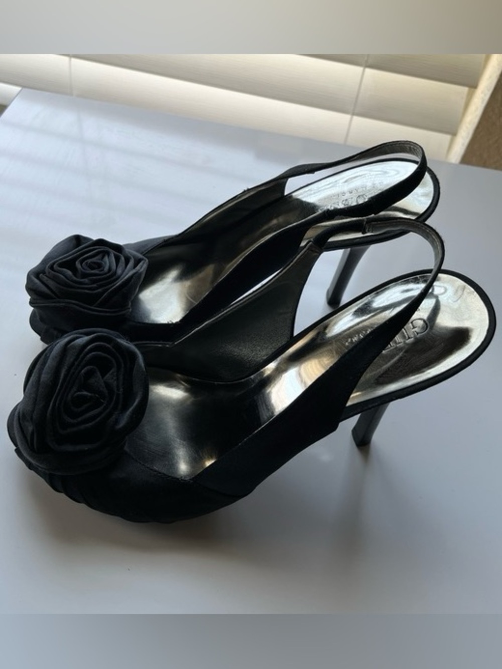 Guess Slingback Satin Peep-Toe Heels with Rosette Accent